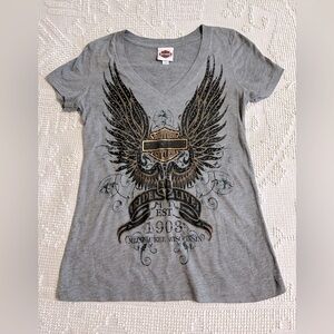 Smoky Mountain Harley Davidson Gray Graphic V-Neck T-Shirt Women’s Small